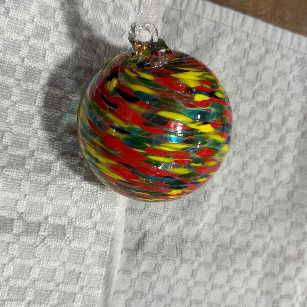 Hand Blown Art Glass Friendship Ball Christmas Ornament Multicolor Swirl EUC‎